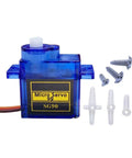 SG90 micro servo motor with blue casing and included screws and attachments for 2-Pack PCA9685 PWM Servo Driver I2C Module With 12-Bit Resolution, 5-10V Power, 40-1000Hz, Includes 4 SG90 Micro Servos, Must-Have For Arduino Robotic Projects And DIY Bots.