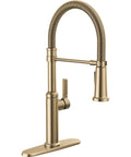 Pro Level Commercial Spring Neck Kitchen Faucet With Magnetic Docking Pull Down Sprayer Diamond Seal Tech Hella Smooth Handle Action In Champagne Bronze side view.
