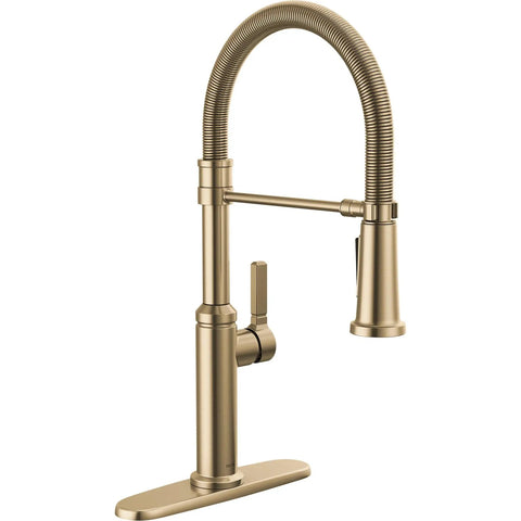 Pro Level Commercial Spring Neck Kitchen Faucet With Magnetic Docking Pull Down Sprayer Diamond Seal Tech Hella Smooth Handle Action In Champagne Bronze side view.
