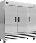 Top Shelf Three Door Commercial Reach In Freezer With Seventy Two Cubic Feet Of Storage Rock Solid Stainless Construction and easy rolling casters.