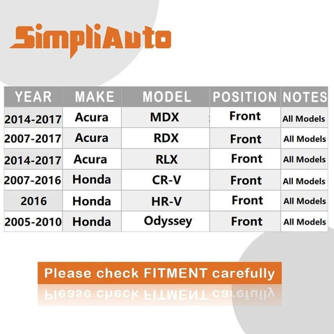 Compatibility chart for Front Wheel Hub And Bearing Assembly For Acura MDX RLX RDX Honda CR V HR V And Odyssey 2005 Through 2010 Models