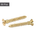 Brass Wood Screws M3 x 20mm Slotted Flat Head Self-Tapping Fasteners, 50 Pieces shown in close-up view.