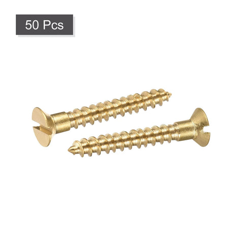 Brass Wood Screws M3 x 20mm Slotted Flat Head Self-Tapping Fasteners, 50 Pieces shown in close-up view.