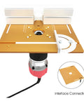 Heavy Duty Aluminum Router Table Insert Plate Clutch Woodworking Electric Router Flip Plate With Badass Precision Center Bushing For Home Workshop yellow finish with interface connection.