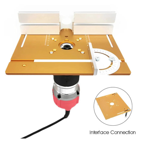 Heavy Duty Aluminum Router Table Insert Plate Clutch Woodworking Electric Router Flip Plate With Badass Precision Center Bushing For Home Workshop yellow finish with interface connection.