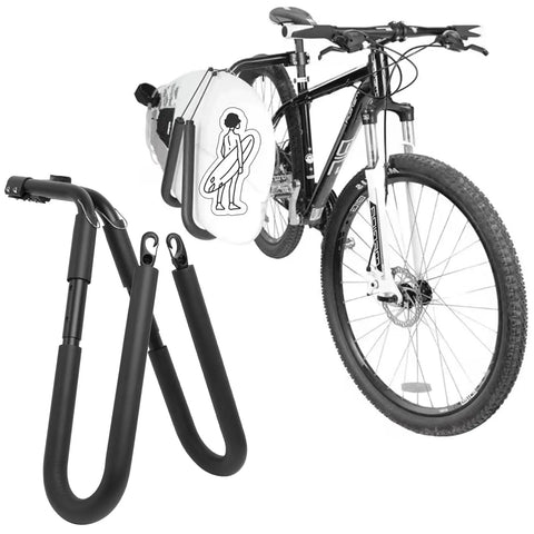 Heavy-Duty Bike Surfboard Carrier Bracket For Ride-Ready Trips, Adjustable Mount on Bike with Surfboard Illustration