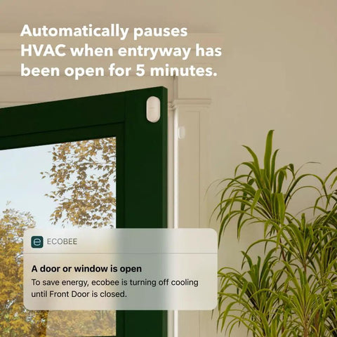 SmartSensor on a doorframe with alert notification from Ecobee for open door, part of Home Security Bundle With 1080P HDR Smart Doorbell Camera
