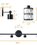 4 Light Matte Black Vanity Lights For Bathroom With Crystal Shade dimensions illustration with measurements