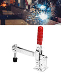 Two-Piece Long Arm Push Pull Toggle Clamp Set For Welding And Woodworking Jigs And Fixtures With Quick Release Lever Vertical Workpiece Fixation Beefy Heavy-Duty Build Easy Clamp And Release For Precise, Repeatable Fixturing shown with red handle and metal base