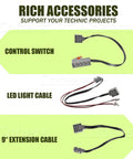 9-In-1 Power Function Technic Motor Kit control switch, LED light cable, and 9-inch extension cable for DIY projects