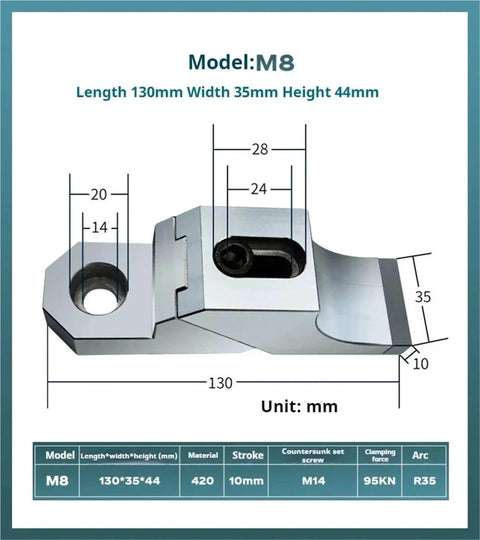 Side Fixture Clamp for Precision Workholding M8 to M16 Clamp Range Vise Frog Clamps With Flat End, dimension details