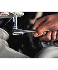 Close-up of a hand using Workhorse 84 Piece Mechanics Tool Set With 72 Tooth Ratchet Anti Slip Driver Handle