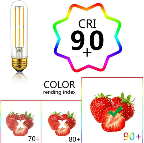 Dimmable T10 Edison LED Tubular Bulb 4000K Daylight White Dope Vintage Filament Light 60W Equivalent E26 Base next to CRI 90+ chart