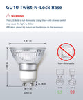 GU10 Twist-N-Lock LED bulb dimensions 4W 350 Lumen showing size and non-dimmable features for Straight Forward Top Notch GU10 Led Bulbs 4 Watt 350 Lumen 2700K Soft White Non Dimmable Track And Recessed Lighting Bulbs No Hassle Quick Install Solid 6 Pack Collection.
