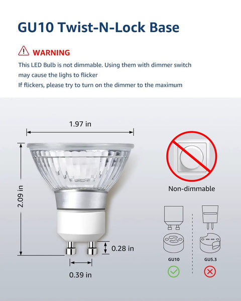 GU10 Twist-N-Lock LED bulb dimensions 4W 350 Lumen showing size and non-dimmable features for Straight Forward Top Notch GU10 Led Bulbs 4 Watt 350 Lumen 2700K Soft White Non Dimmable Track And Recessed Lighting Bulbs No Hassle Quick Install Solid 6 Pack Collection.
