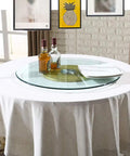 Rotating Glass Turntable For Dining Tables, Pro Grade Go To Spin Tray, Large 70cm To 120cm on a table with bottles and plates