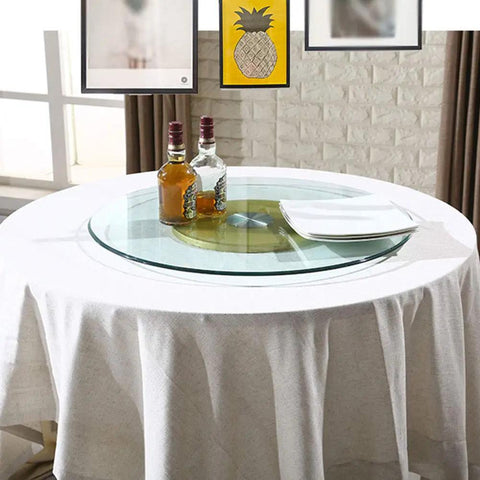 Rotating Glass Turntable For Dining Tables, Pro Grade Go To Spin Tray, Large 70cm To 120cm on a table with bottles and plates
