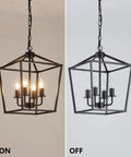 UL Listed Industrial Black Lantern Chandelier With Four Lights on and off views; metal cage pendant for farmhouse decor.