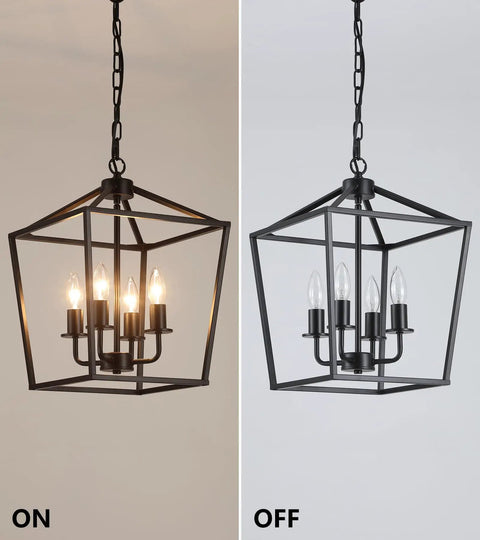UL Listed Industrial Black Lantern Chandelier With Four Lights on and off views; metal cage pendant for farmhouse decor.