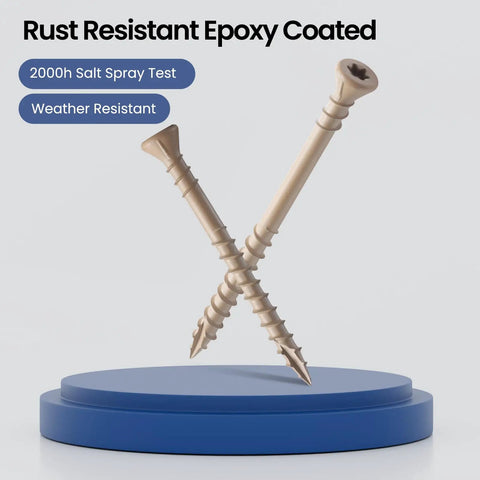 Badass Heavy Duty Deck Screws Assortment Kit 96 Piece Exterior Wood Fasteners With Rust Resistant Epoxy Coating displayed on blue base.
