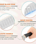 Front view of crinkle cutter knife with stainless steel wavy blade and black plastic handle.