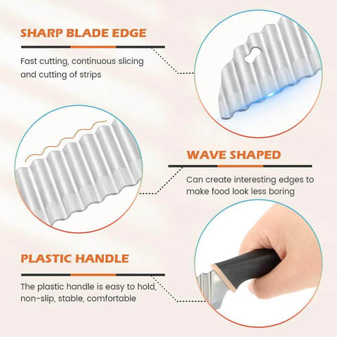 Front view of crinkle cutter knife with stainless steel wavy blade and black plastic handle.