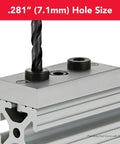 Top Shelf Self Centering Drill Jig For 1.5 X 3 T Slot Aluminum Extrusion with a .281 inch hole size and smooth anodized finish.