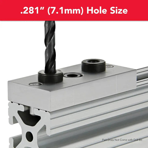 Top Shelf Self Centering Drill Jig For 1.5 X 3 T Slot Aluminum Extrusion with a .281 inch hole size and smooth anodized finish.