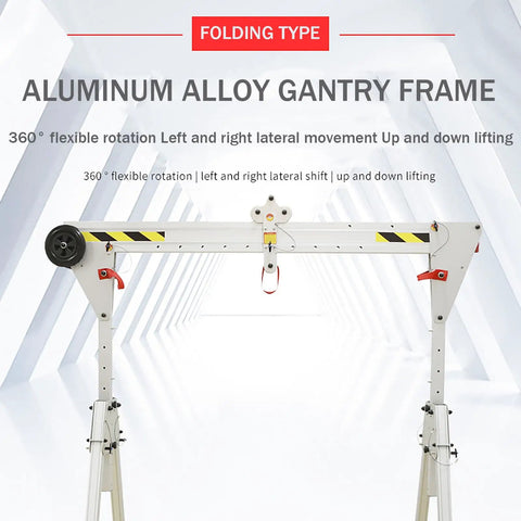 Portable Aluminum Shop Gantry Crane, 2204 Pound Heavy Duty Rating, Foldable Adjustable Frame With 360 Degree Locking Wheels showing flexible rotation features.