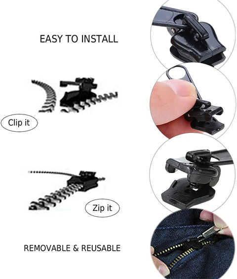 Close-up of Zipper Repair Kit Quick Fix Clip For Coats Jackets Luggage And Backpacks No Fuss Zip Slider Rescue 6 Piece Universal Set