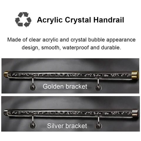 Crystal Clear Acrylic Stair Handrail And Modern Indoor Hallway Railing With Real Sturdy Safety Grip Built Tough For Quick Setup, featuring golden and silver brackets.