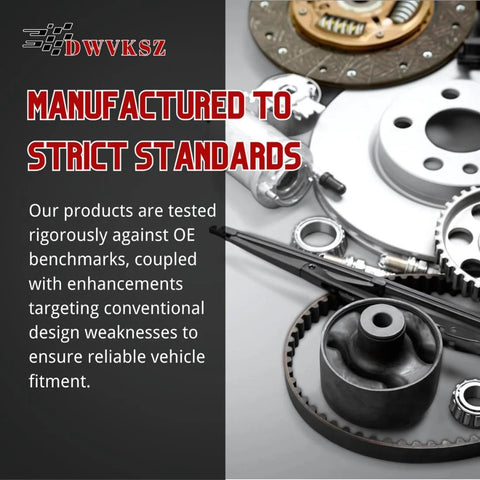 Assorted automotive components including wheel bearing and gear for vehicles displayed with brand text.