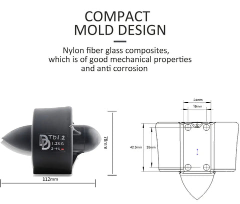 Diagram of compact nylon fiber glass Powerful 1.2kg Thrust 12V Brushless Underwater Thruster with dimensions and design features.