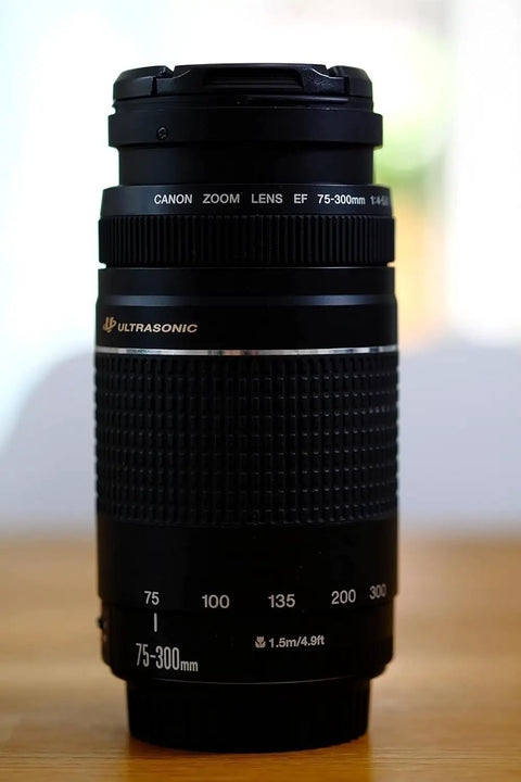 Go-To 75-300mm Telephoto Zoom Lens With F4 To F5.6 Aperture For SLR Cameras, black compact design, front view close-up.