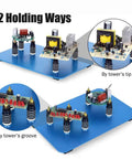 Six Piece Soldering Helping Hands Set for PCB Boards ESD Safe Metal Magnetic Fixture Tower with Blue Steel Base demonstrating two holding methods.