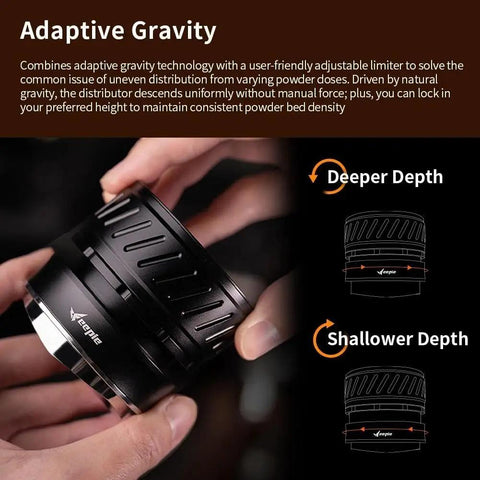 Universal 58mm Espresso Coffee Distributor With Gravity Tumbler for Standard Portafilters showing adjustable limiter feature.