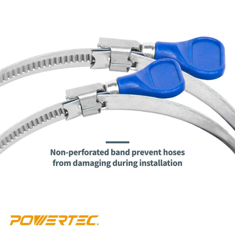 PowerTEC 2-1/2 in stainless steel worm-gear hose clamps (two shown) for dust collection and dryer vent hoses