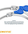 Close-up of two Powertec 1-1/2 in stainless steel hose clamps with blue thumb screws for dust-collection hoses