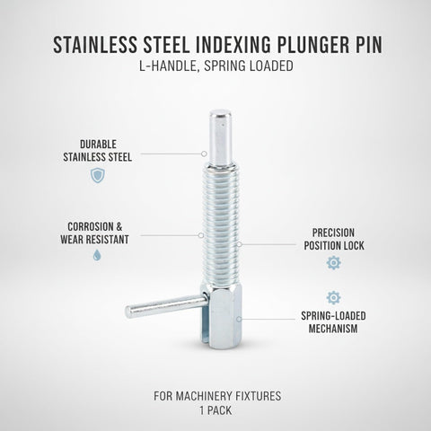 Heavy Duty Stainless Steel Indexing Plunger Pin With Tough L Handle And弹簧 Loaded Position Lock, corrosion resistant for machinery fixtures.
