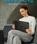 Person sitting with an iPad, highlighting the portability of Fingerprint Nano SSD 512GB External Solid State Drive Up To Four Hundred Fifty Megabytes Per Second Pocket Sized Keychain Portable Backup For iPhone iPad MacBook Steam Deck PS5 And More.