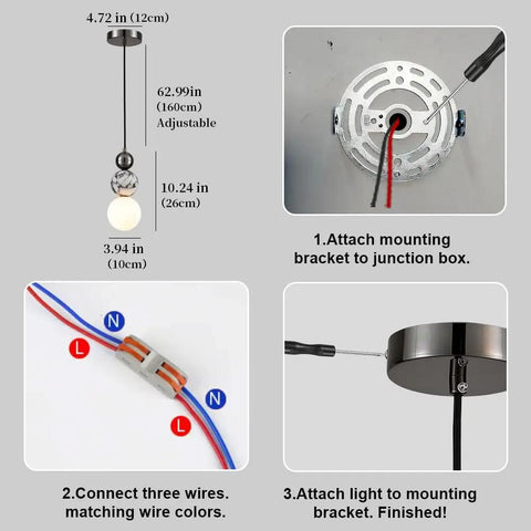Aolyzmt Natural Alabaster Marble Pendant Light installation guide, components featuring adjustable height and wiring connections.
