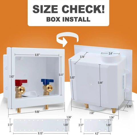 Detailed view of Crimp PEX Washing Machine Outlet Box With Center Drain, 1/2 Inch PEX Inlet To 3/4 Inch MHT Outlet with measurements.