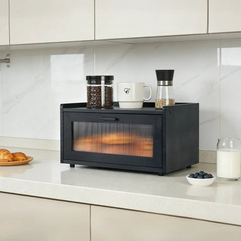 Stackable Pine Wood Bread Box For Kitchen Countertop With Magnetic Acrylic Door Large Black Keeps Bread Fresh For Days