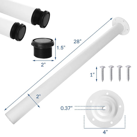 28 Inch Adjustable Metal Furniture Leg Set White For Coffee Tables Desks Benches And Countertops 4 Pack With Mounting Plates And Screws Built Tough For Heavy Duty Support. Image showing dimensions and components of the set.