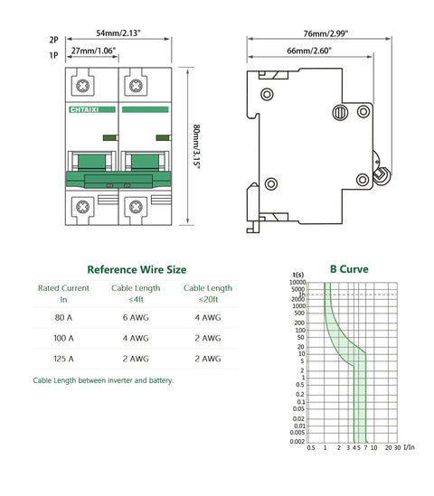 Beefy Heavy Duty 2 Pole 125A DC Circuit Breaker 12V to 110V DC Thermal Magnetic Trip DIN Rail Mount diagram with dimensions and wire sizes.