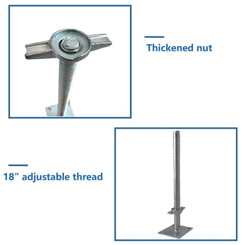 4 Pack Heavy Duty Adjustable Leveling Jacks With Solid Screw Feet Legs For Scaffolding Hella Sturdy Top Grade Steel Construction, thickened nut and 18 inch adjustable thread detail.