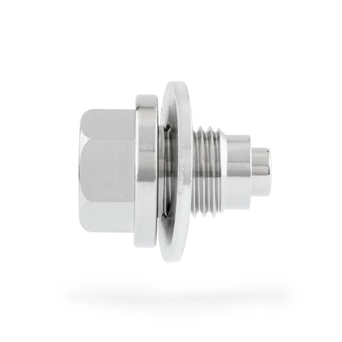 Side view of Magnetic Engine Oil Drain Plug M12 X 1.25MM Stainless Steel Fits Infiniti, Lexus, Nissan, Toyota with aluminum washer and magnet.
