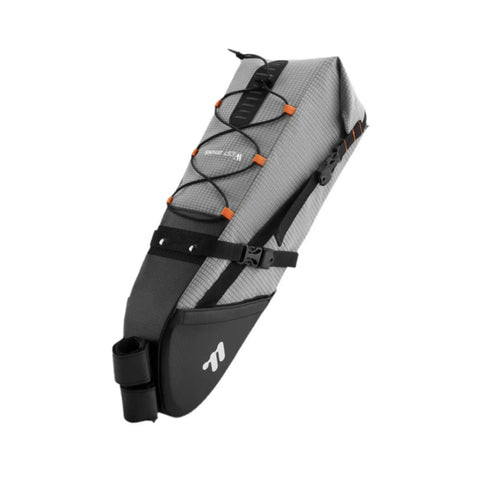Large Capacity Waterproof Bike Seat Bag For Road And Mountain Rides Bikepacking Saddle Wedge Bag With Bungee Cord shown vertically.