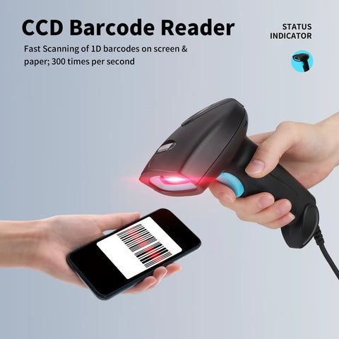 Plug And Play 1D Wired USB Barcode Scanner With CCD Reader scanning barcode on smartphone screen