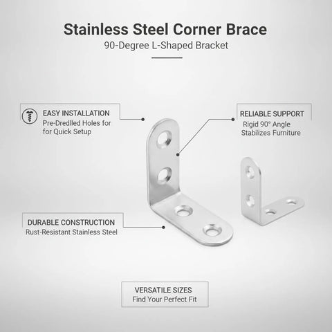 Heavy Duty Stainless Steel 90 Degree Corner Brace L Bracket with pre-drilled holes and rust-resistant features for furniture stability